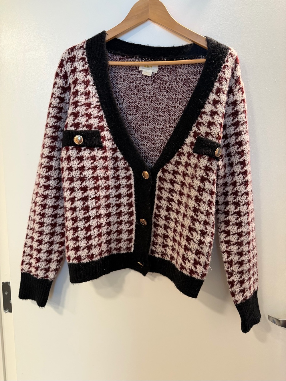 Maeve (Anthro) Burgundy and Cream Houndstooth V‑Neck Cardigan with Black Trim